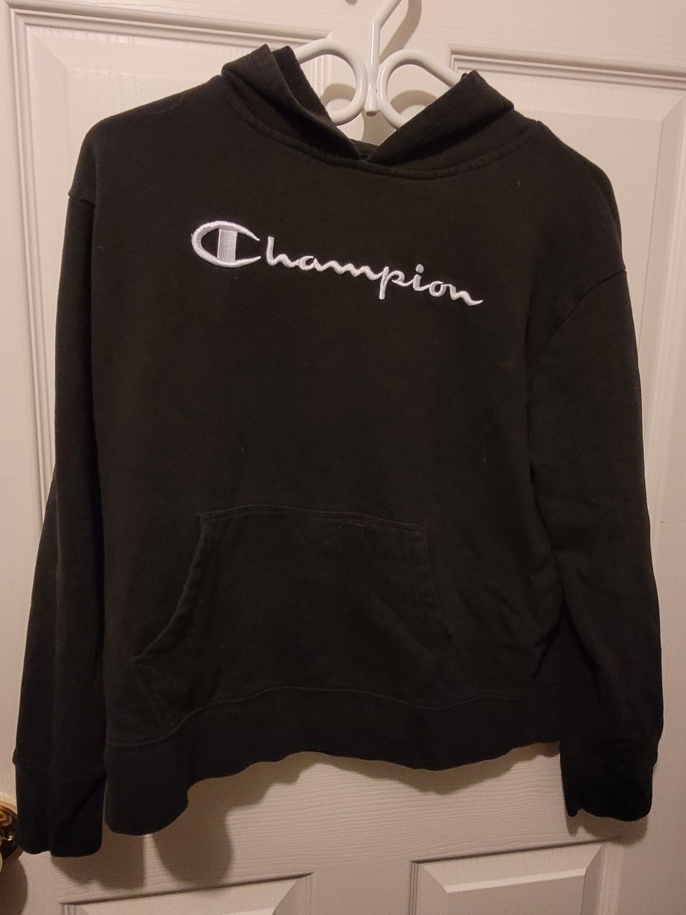 Champion Black Hoodie with White Script Logo